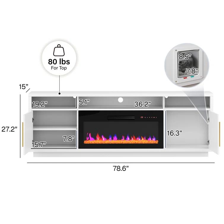 Ivy Bronx Modern 79" Fireplace TV Stand for TVs Up to 85" with Cat Litter Box,LED Light Entertainment Center With 36" Electric Fireplace and Graphene Heating