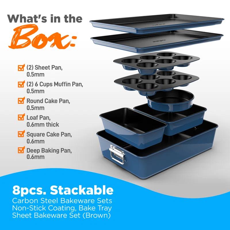 NutriChef 8-Piece Nonstick Stackable Bakeware Set - Pfoa, Pfos, Ptfe Free Baking Tray Set W/ Non-Stick Coating, 450°F Oven Safe, Round Cake, Loaf, Muffin, Wide/Square Pans, Cookie Sheet