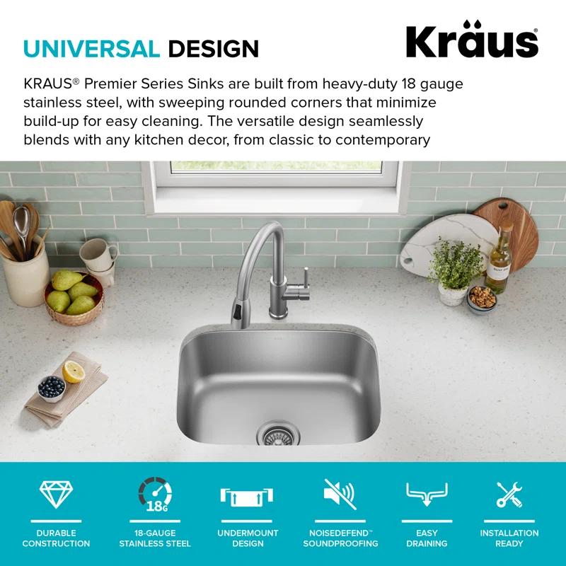 KRAUS Premier 16 Gauge Undermount Single Bowl Stainless Steel Kitchen Sink