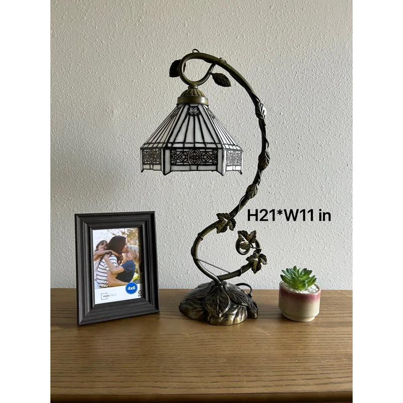 Bloomsbury Market Lemberg Tiffany Style Table Lamp White Stained Glass Hexagon Iron Metal Leaves 11"W*8"D* 21" H