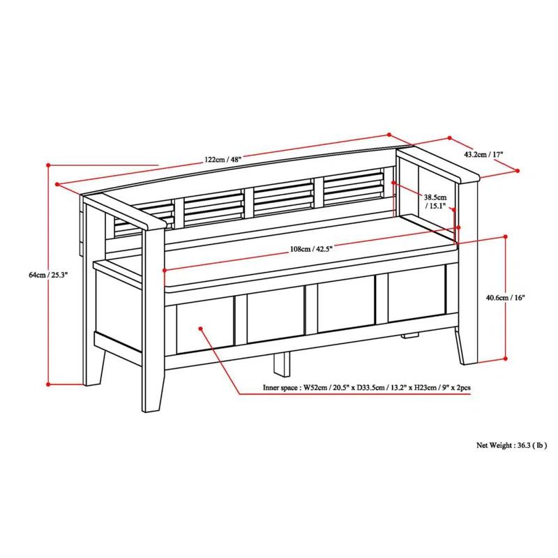 Simpli Home Adams 48"W Solid Wood Contemporary Entryway Storage Bench with Lift-Top Lid and Dual Compartments