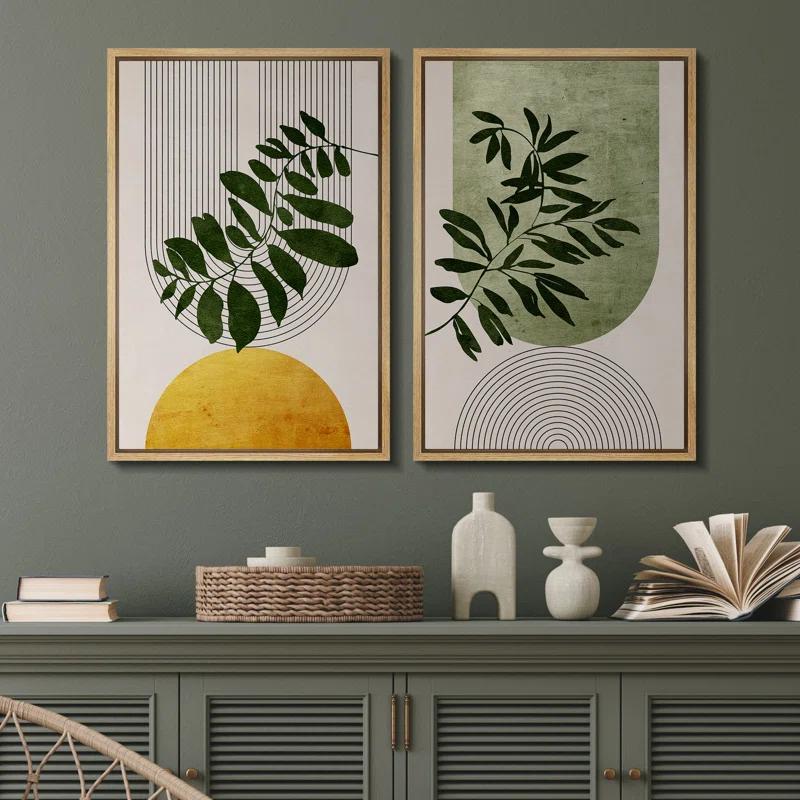 Mid Century Modern Boho Green Yellow Bright Plant Art Framed Canvas 2 Pieces Print  Wall Art Set