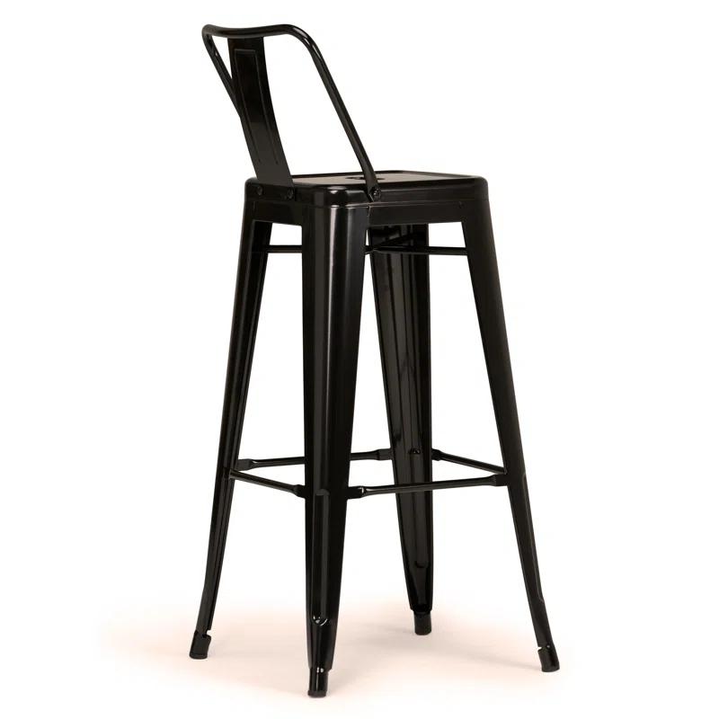 Simpli Home Rayne Metal Industrial Stool with Curved Back, Cross-Brace, and Footrest