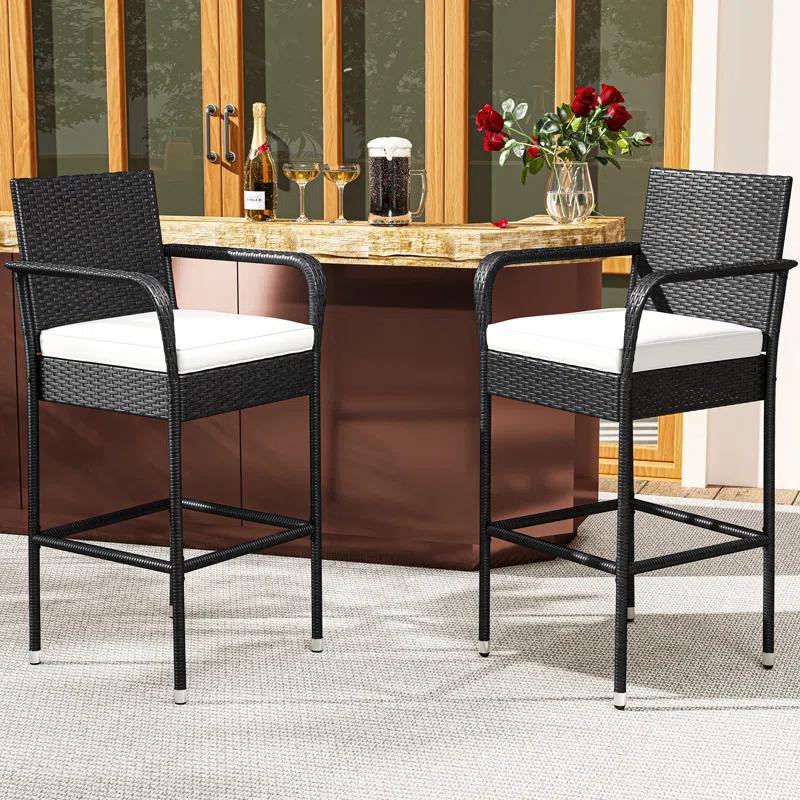Winston Porter Winston Porter Set Of 2 Patio Wicker Counter Stools Outdoor Bar Height Chairs With Soft Cushions