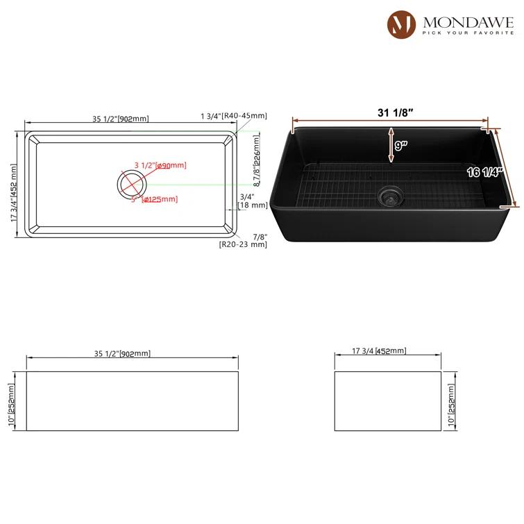 mondawe Farmhouse / Apron Single Bowl Fireclay Kitchen Sink KMSC0006-F36B