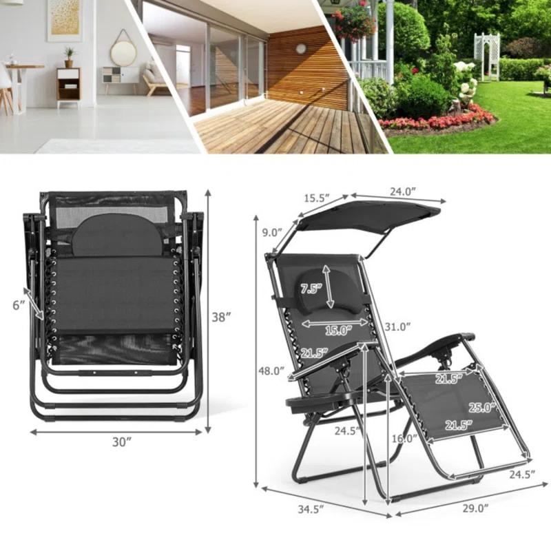 Arlmont & Co. Outdoor Folding Recliner Lounge Chair with Shade Canopy And Cup Holder