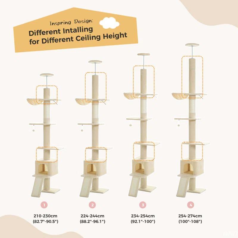 Adjustable Height Floor To Ceiling 5-Tier Tall Cat Tree Tower For Indoor Cats With Cat Condo, Cat Scratching Post And Cat Ladder