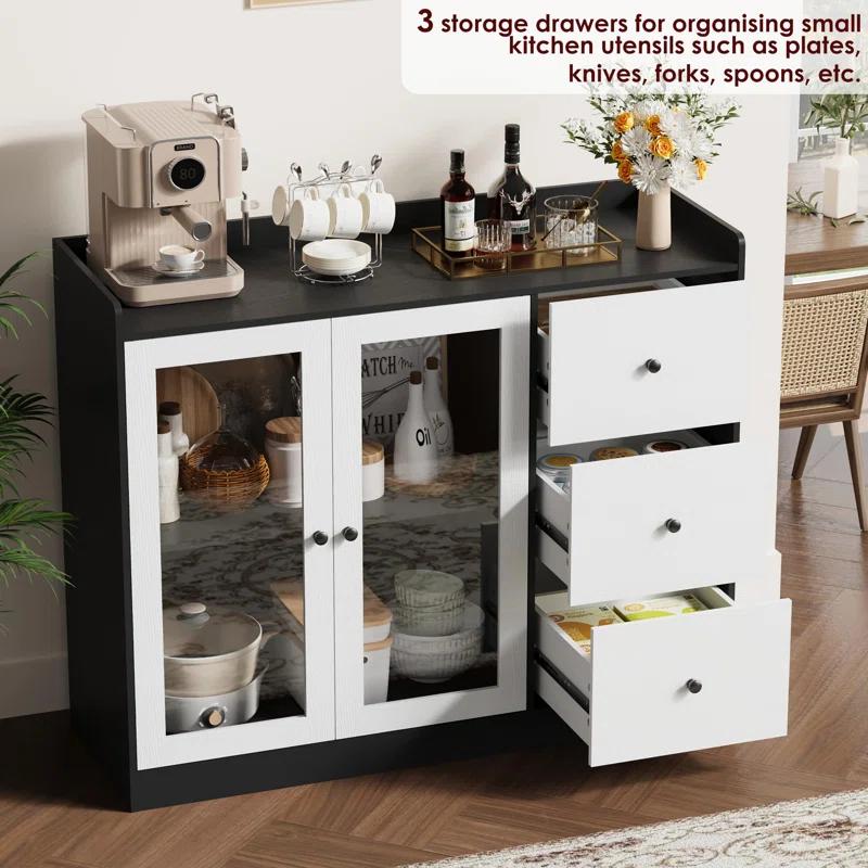 ZACOO Sideboard Buffet Cabinet With Storage, 43" Coffee Bar Cabinet With Glass Doors And 3 Drawers, Storage Cabinet With Adjustable Shelves