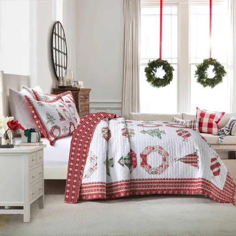 MarCielo 3 Pcs Christmas Quilt Bedspread Set Candy Red BY205