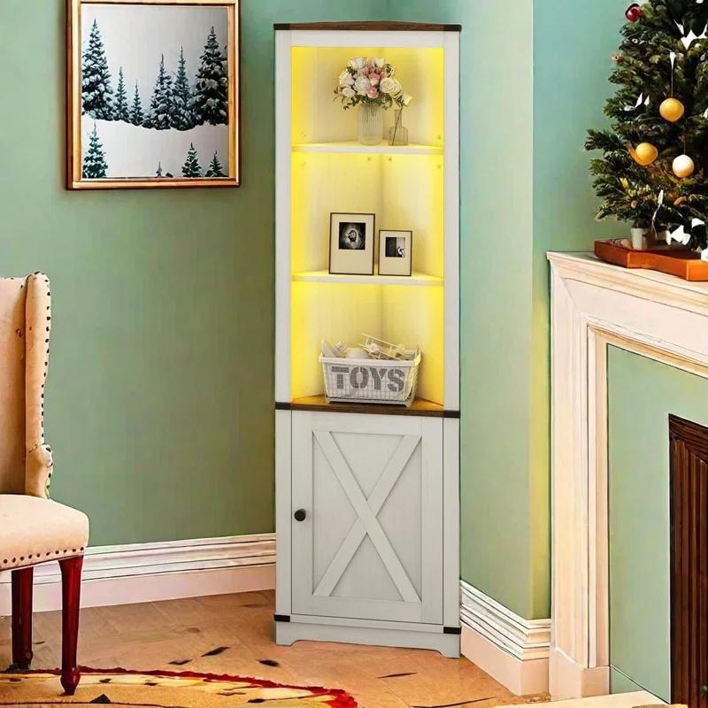 Gracie Oaks Aspenn 67" H Corner Bookcase with LED Light, Corner Storage Cabinet with Adjustable Shelf