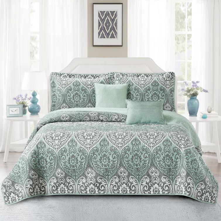 Home Soft Things 5 Piece Kingston Damask Printed Microfiber Quilts Set