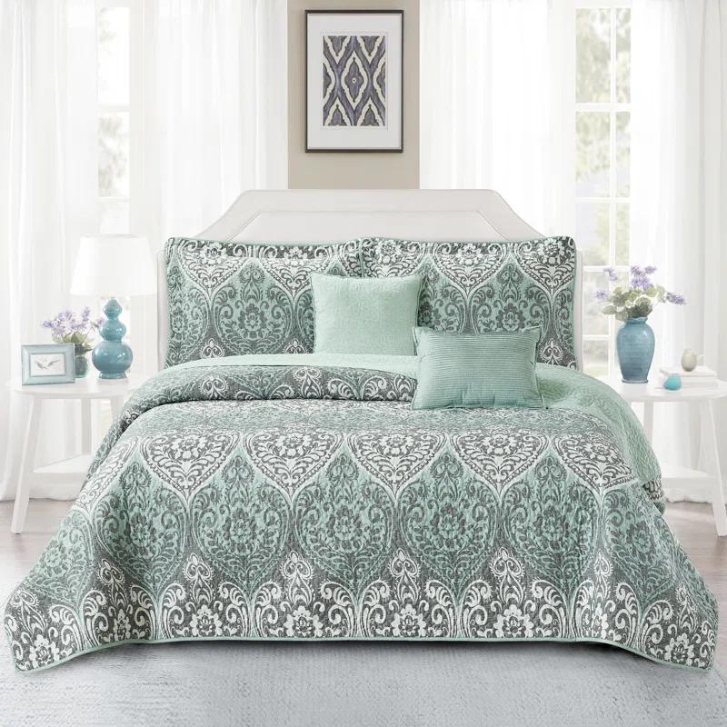Home Soft Things 5 Piece Kingston Damask Printed Microfiber Quilts Set