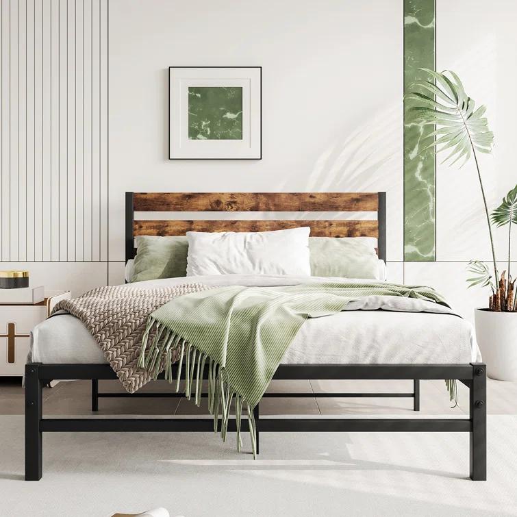 Ebern Designs Doiphode Full Size Platform Bed Frame with Rustic Vintage Wood Headboard,  No Box Spring Needed Rustic Brown