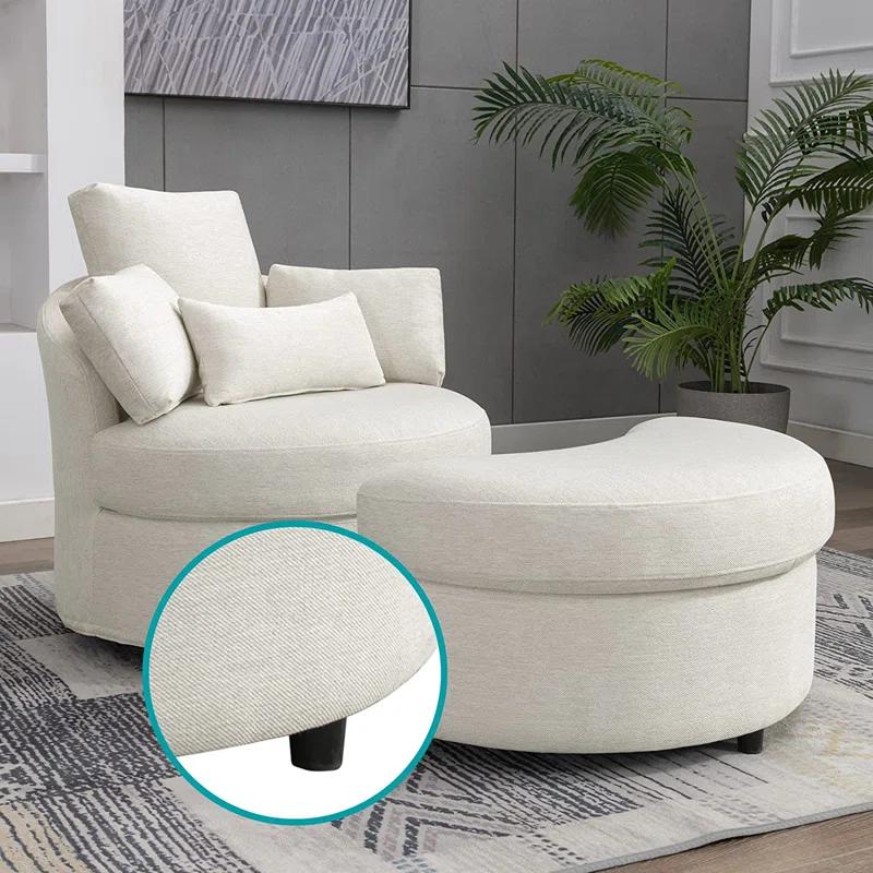 Beige Linen Swivel Barrel Chair with Storage Ottoman