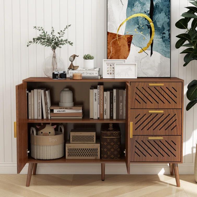 George Oliver Storage Cabinet With 3 Drawers & Double Doors, Kitchen Buffet Sideboard Cabinet,Wood Storage Organizer For Kitchen, Living Room, Dining Room, Brown & Reviews | Wayfair