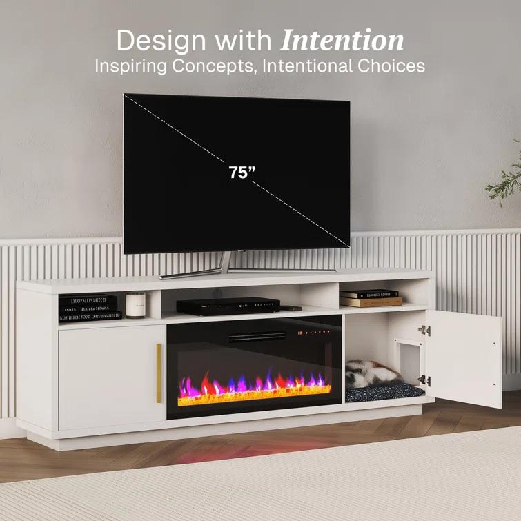 Ivy Bronx Modern 79" Fireplace TV Stand for TVs Up to 85" with Cat Litter Box,LED Light Entertainment Center With 36" Electric Fireplace and Graphene Heating