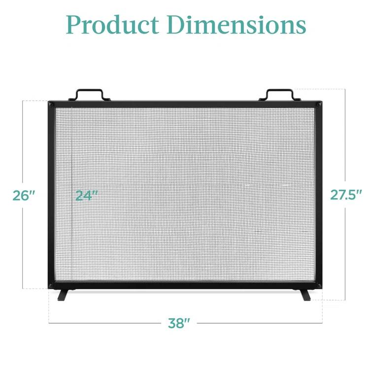 Cassiano 38x27in Single Panel Fireplace Screen Handcrafted Steel Mesh Spark Guard w/ Handles