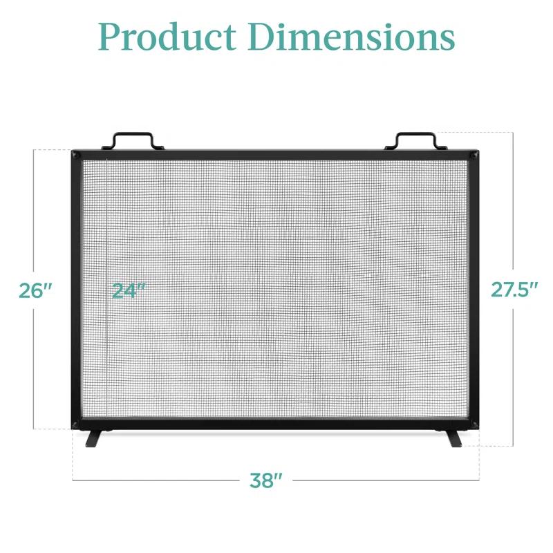 Cassiano 38x27in Single Panel Fireplace Screen Handcrafted Steel Mesh Spark Guard w/ Handles