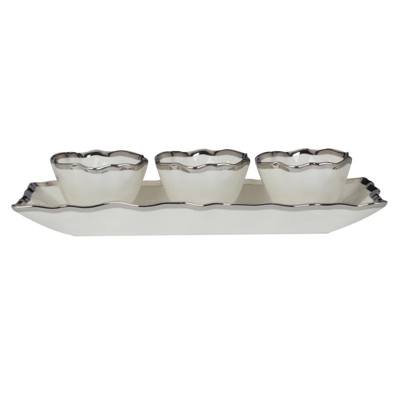 White and Silver Ceramic Serving Tray with Condiment Bowls