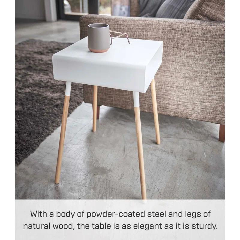 Yamazaki Home Tall Side Table With Storage Shelf, Rectangular Accent Bedside End Table, Steel + Wood