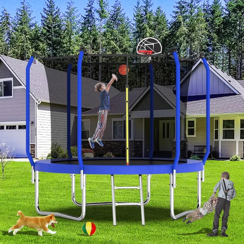 wendeway 10FT Trampoline With Basketball Hoop,  ASTM Approved Reinforced Type Outdoor Trampoline With Enclosure Net