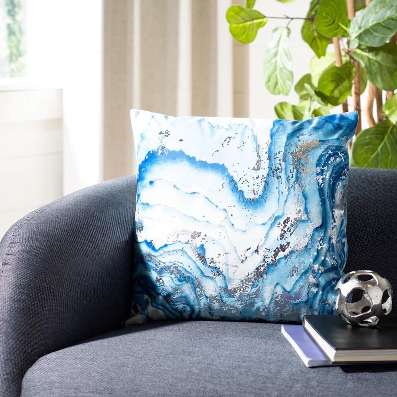 Jakki Blue and White Abstract Waves 18" Square Throw Pillow