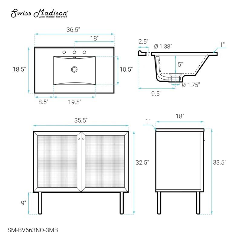 Swiss Madison Classe 36" Freestanding Bathroom Vanity In Natural Oak With 3-Hole Widespread Sink Top