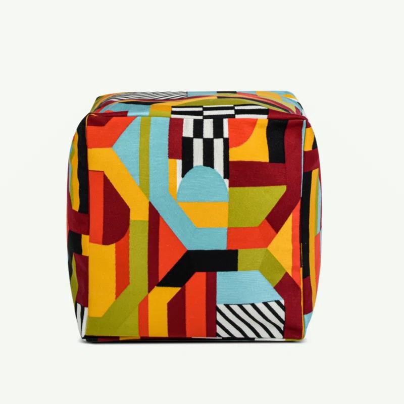 Orren Ellis Pouf 20" Luxury Oversized Bean Bag Cube Ottoman, Colorpop Multicolored Embroidery