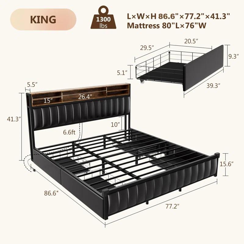 Kanchi Upholstered Metal Platform LED Bed Frame with 4 Storage Drawers and Bookcase Headboard, Black