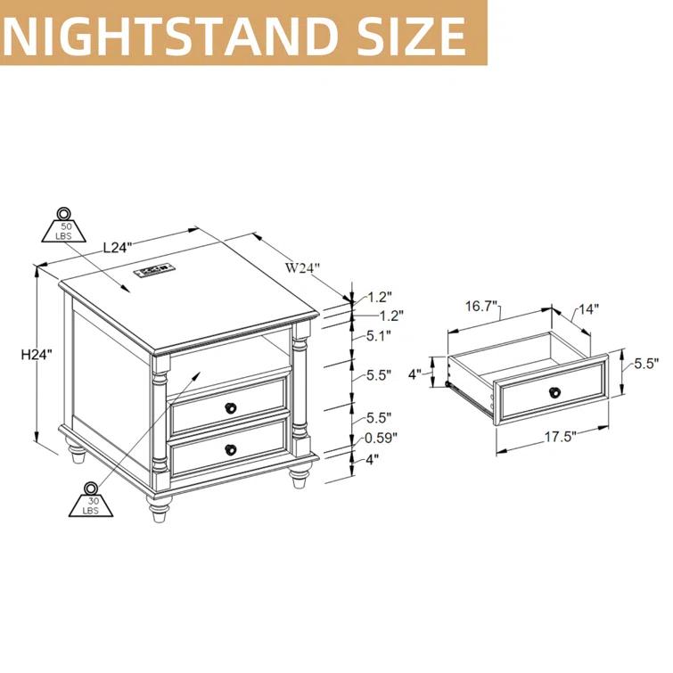 OKD Rushville Farmhouse 2 - Drawers Nightstand with Charging Station, Tall Rustic Wood Square End Table with Open Shelf