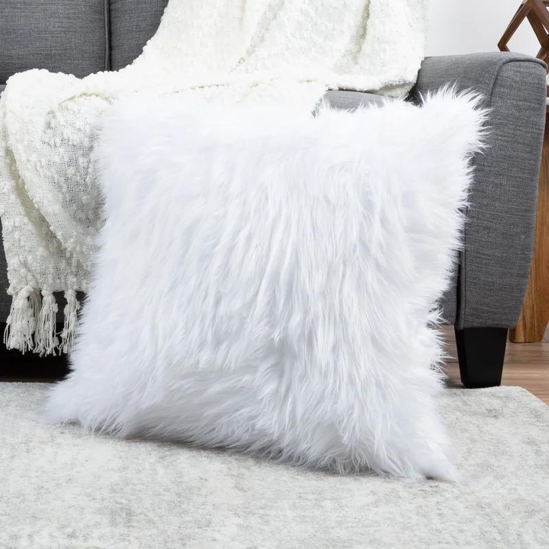 22'' White Faux Fur Square Pillow Set with Suede Back