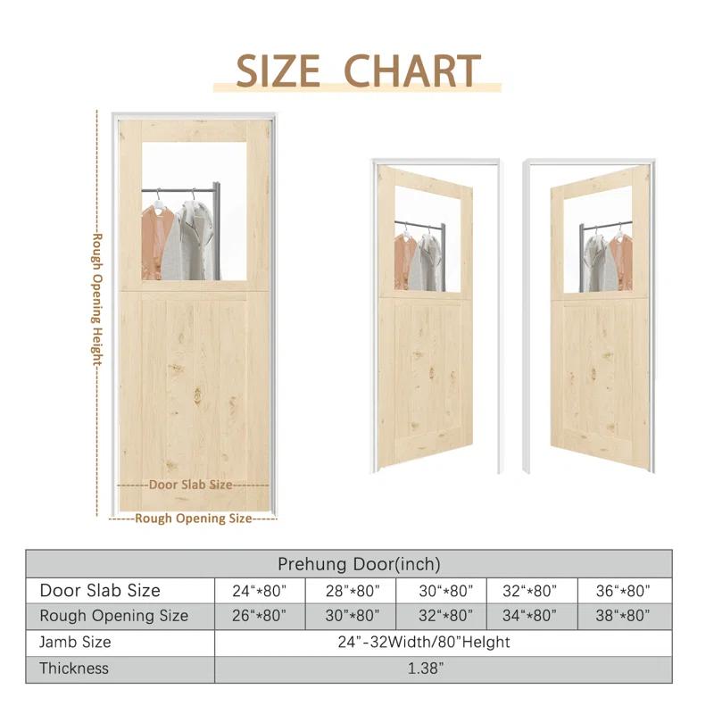 DOOOLI Dutch Door- Half Transpatent Glass+Natural Pine Wood Interior Door Prehung Slab Doors With Door Frame（No pre-drilled holes)