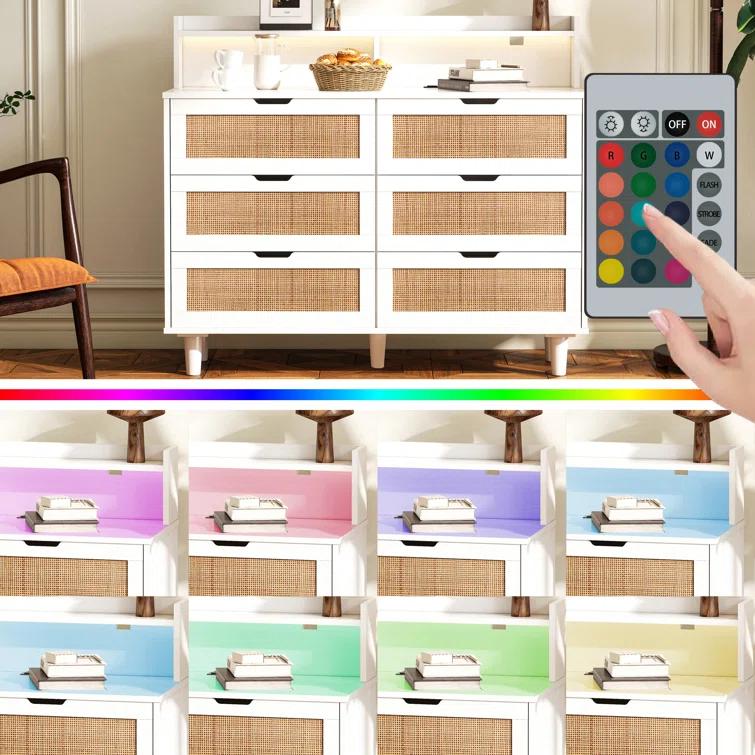Latitude Run® 6-Drawer Dresser w/LED Lights and Power Outlet,Rattan Storage Cabinet,Living Room Organizer