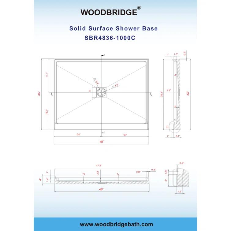 WoodBridge 48" W x 36" Solid Surface Single Threshold Shower Pan Base with Drain Assembly & Drain Cover Included, Non-Slip SBR4836-1000 C