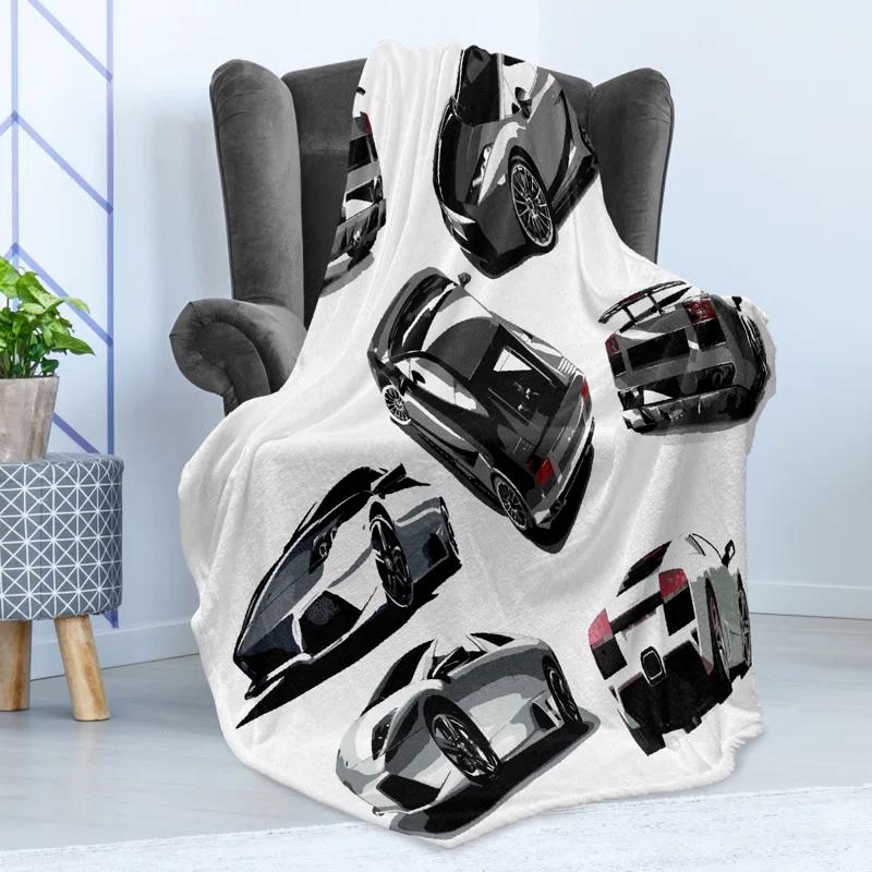 Ambesonne Ambesonne Modern Fleece Throw Blanket Contemporary Sport Cars Art Pale Sage Green White