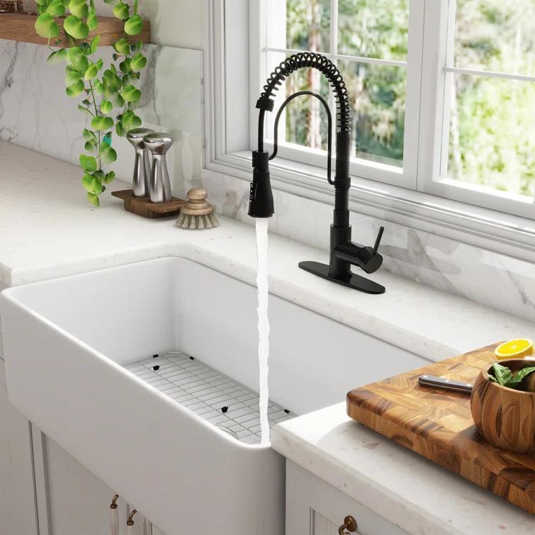 CASAINC CASAINC Single Bowl White Fireclay Farmhouse Kitchen Sink With Faucet Included KCSL0035-36W22M