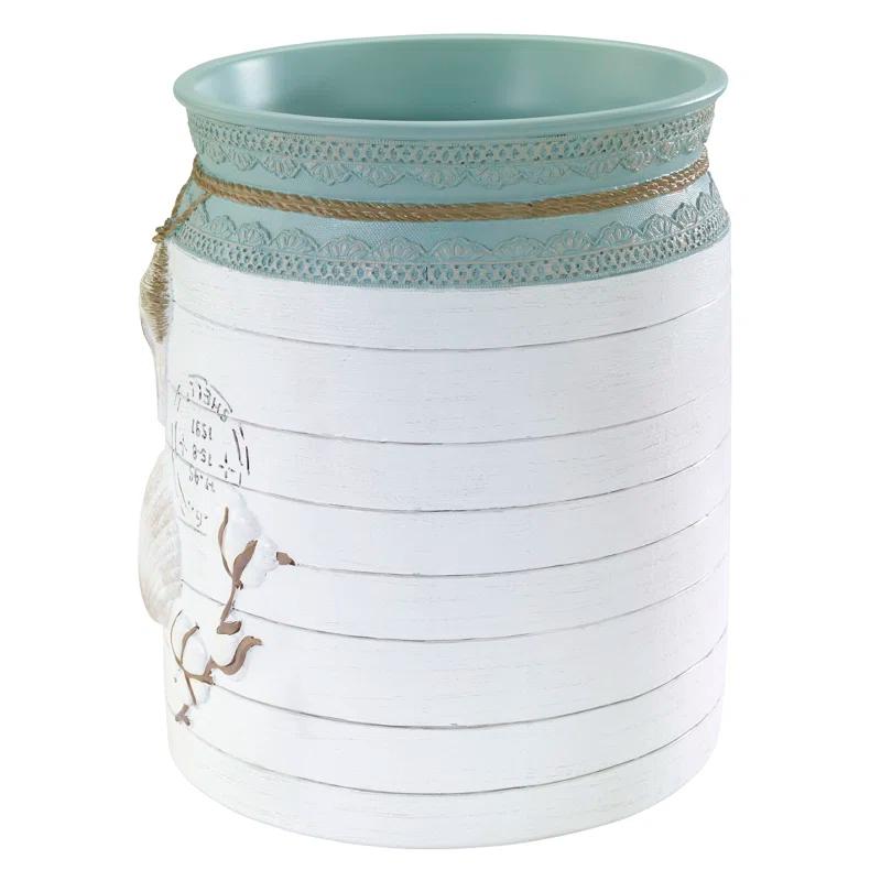 Nautical Blue and White Resin Wastebasket with Shell Design