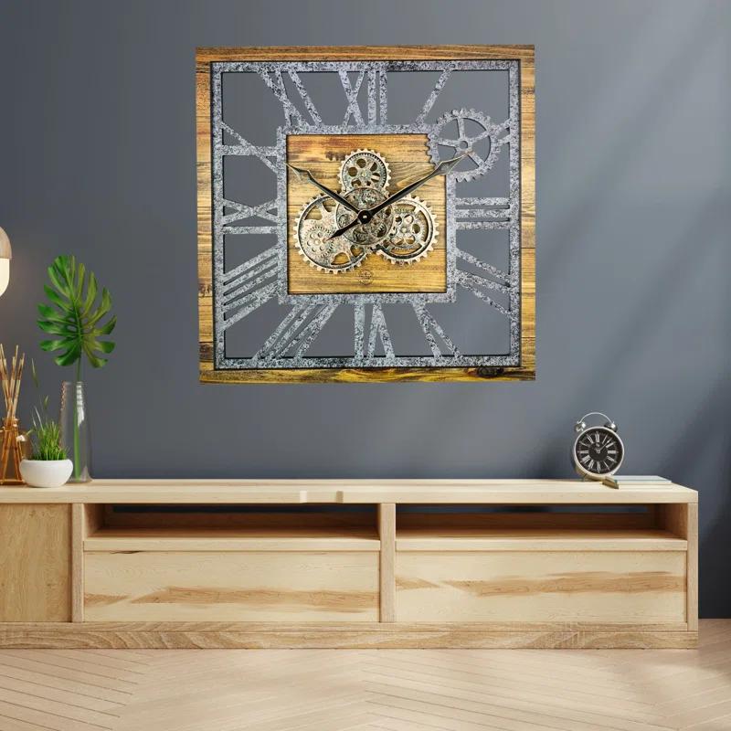 Wall Clock 24" Square Oversized for Living Room decor with Real Moving Gears America Collection