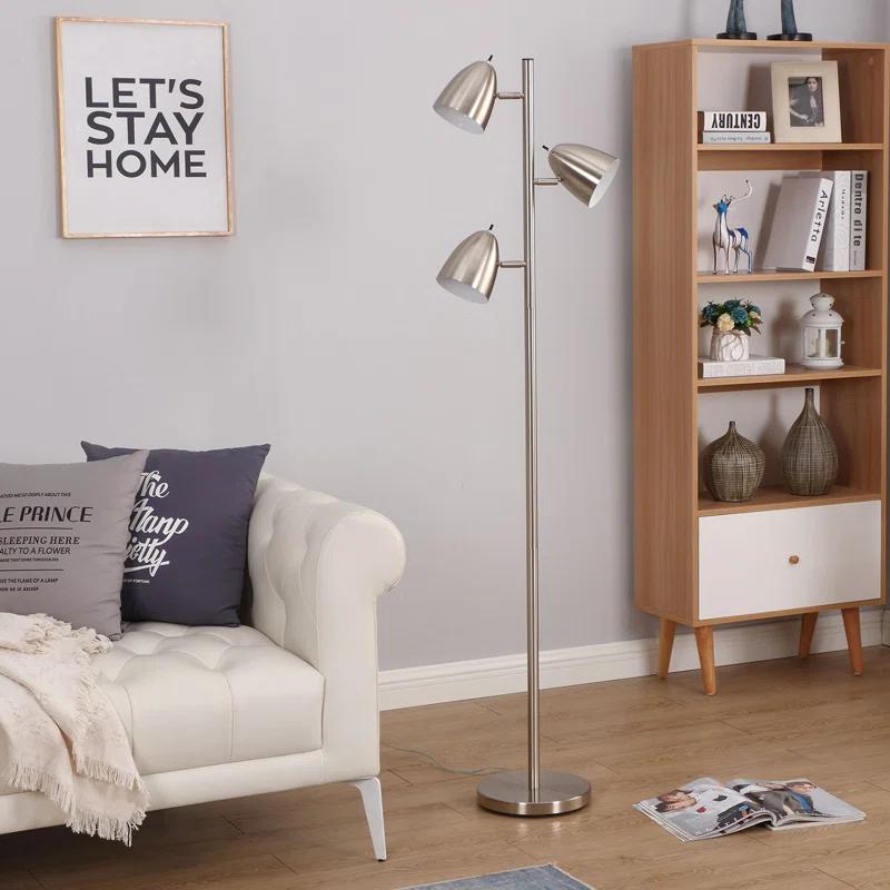 Brightech Jacob 64" Modern 3-Light Adjustable LED Floor Lamp with Silver Finish and Metal Cone Shades, Bulbs Included