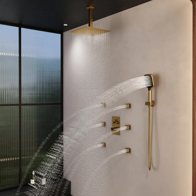 CASAINC CS6221-12BG Revitalize 3-Function 12 Inch Ceiling Mount Rainfall Thermostatic Shower System with 6 Body Jets