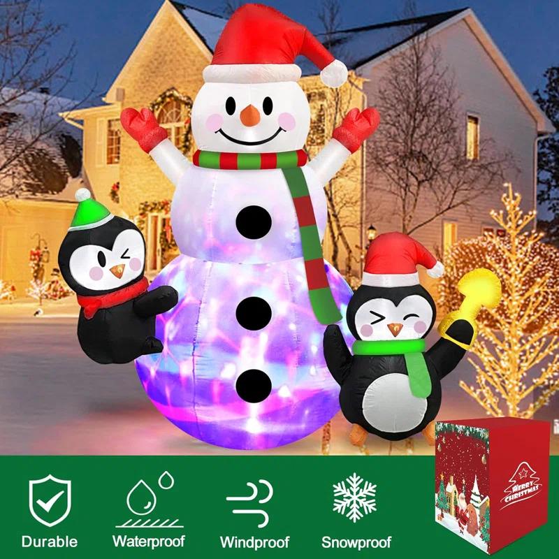 6 FT Christmas Inflatables Snowman With Penguins Built-In Rotating Colorful LED Lights Christmas Inflatable Outdoor Decoration, Christmas Blow Ups For Yard Garden Lawn Xmas Holiday Decor