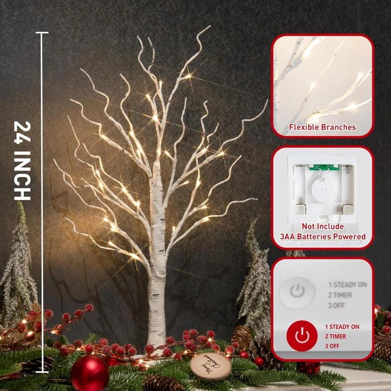 The Holiday Aisle® White Birch Tree With LED Lights - Set Of 2, LED Tabletop Tree With Timer, Christmas Decorations Lighted Tree For Indoor Mantel Home Decor (2 FT, 24 LED)