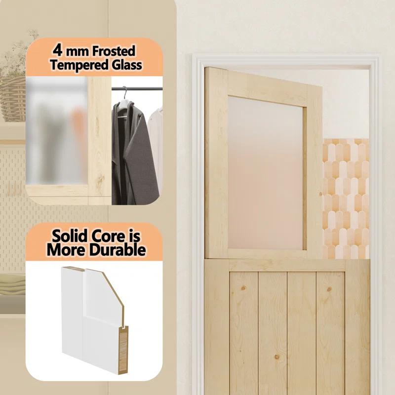 CHIC MODE Interior Dutch Door - Half Frosted Glass Split Door Slab, Modern Style Farmhouse Closet Door, Natural Pine Wood(Not Include Door Hinges)