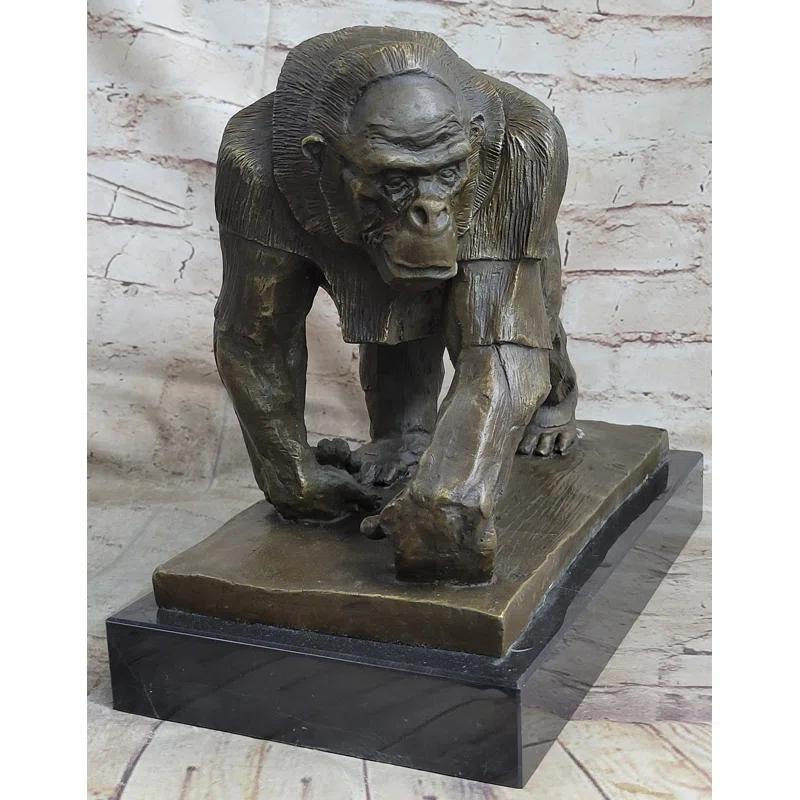 Bungalow Rose Xaila Gorilla Sculpture Statue Figure Bronze Metal Signed Art On Marble Base By Vobisova