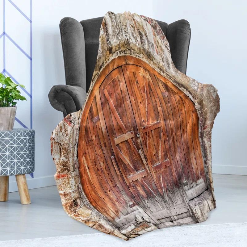 Ambesonne Ambesonne Rustic Fleece Throw Blanket Door Vintage Grey Orange