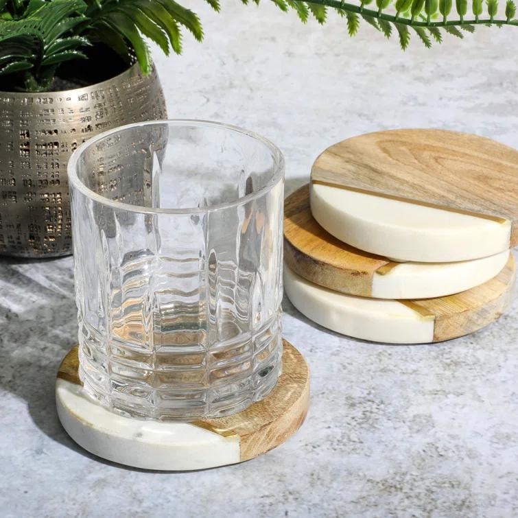 Laurie Gates Laurie Gates White Marble And Mango Wood Round 4 Piece Coaster Set (Set of 4)