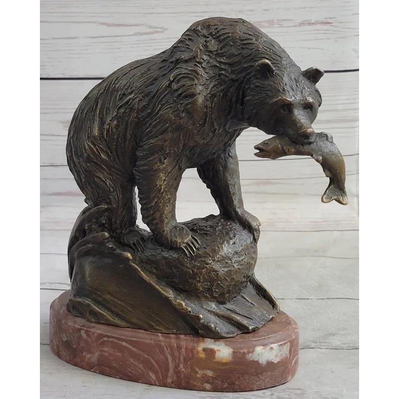 Loon Peak® Bear With Fish In Mouth Bronze Metal Sculpture Statue Wildlife Decor Art Marble Base