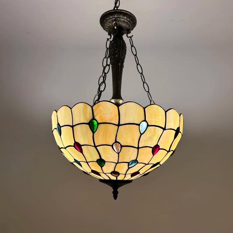 Fleur De Lis Living Spinks Tiffany Pendant Lights Gold Stained Glass Crystal Beans LED Bulbs Included 16"W*16"D*60"H