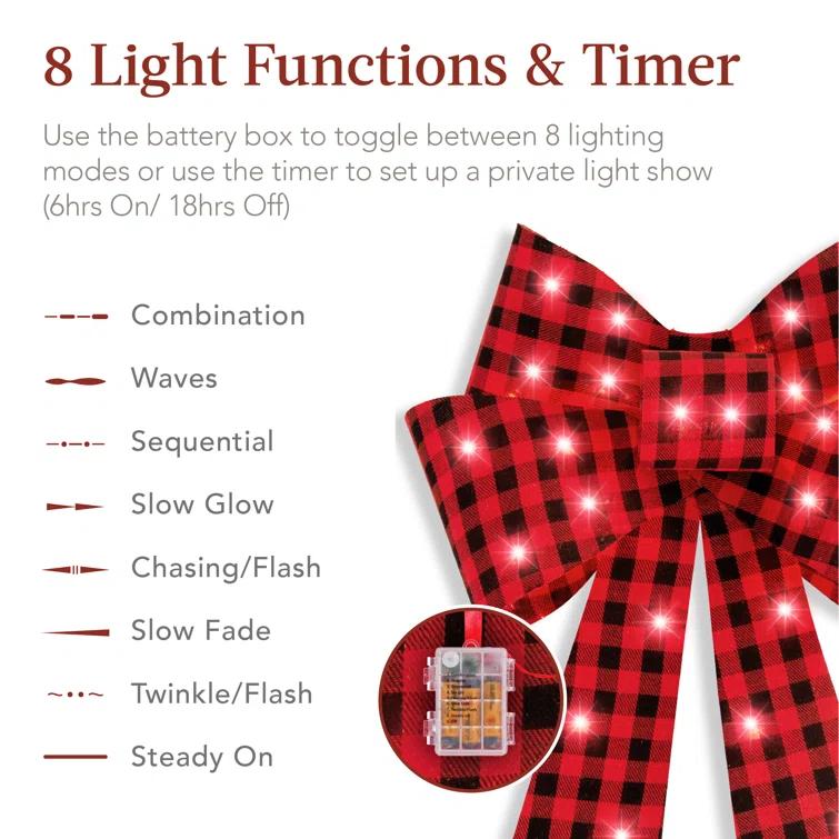 The Holiday Aisle® Set Of 3 Pre-Lit Christmas Bows, Indoor/Outdoor LED Holiday Decor W/ 8 Light Functions - Plaid