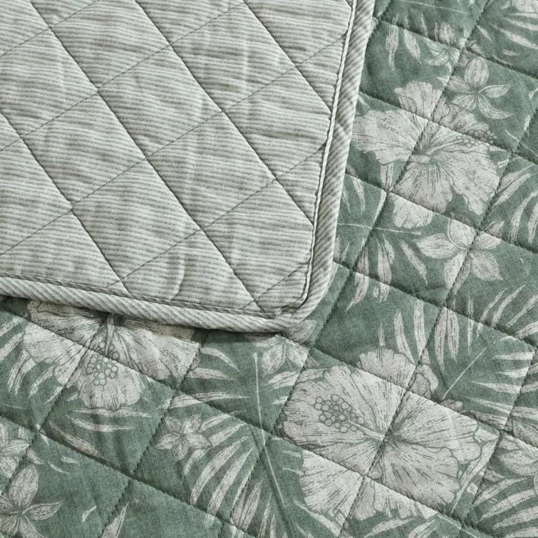 Eddie Bauer Tommy Bahama Hibiscus Jungle Cotton Reversible Green Quilt Set